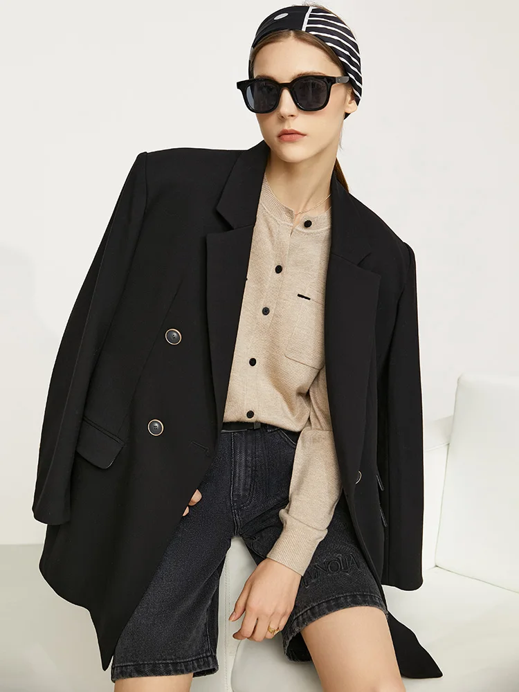 AMII Minimalism Coats and Jackets Women Autumn Notched Double Breasted Blazer Elegant Lady Suit Coat Female Overcoat 12120312