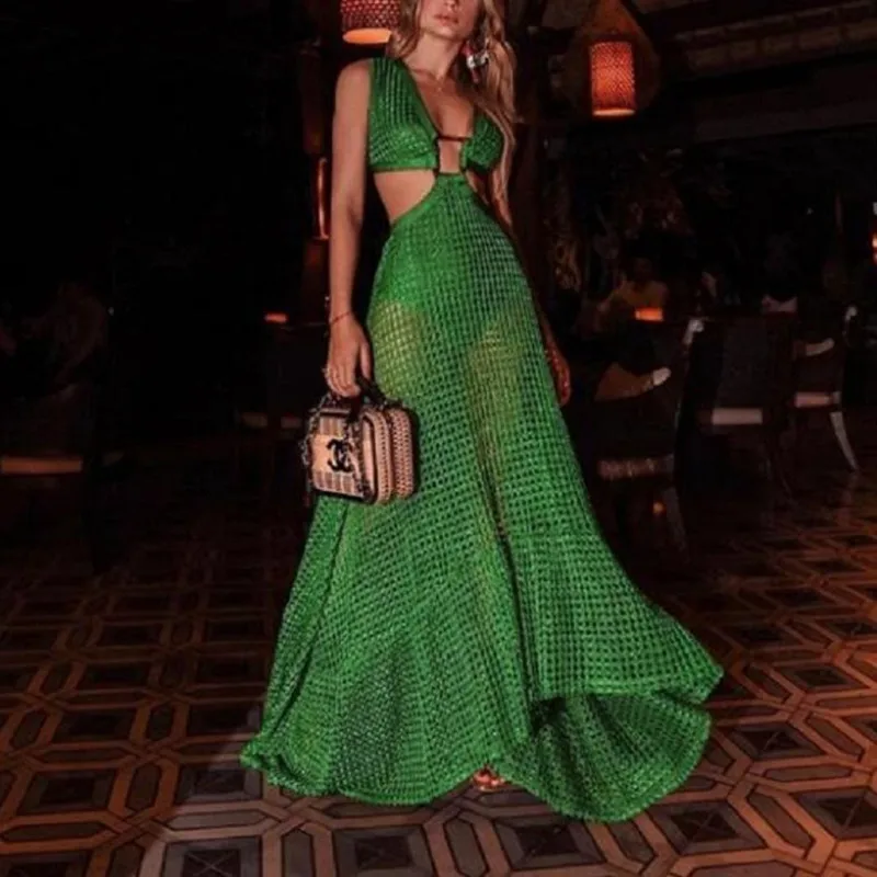 Fashion Women\'s Dresses Bohemian Women Grid Big Swing Sexy V Neck Sleeveless Dress Long Skirt Floor Length Two-piece Suit