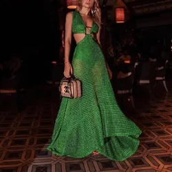 Fashion Women's Dresses Bohemian Women Grid Big Swing Sexy V Neck Sleeveless Dress Long Skirt Floor Length Two-piece Suit
