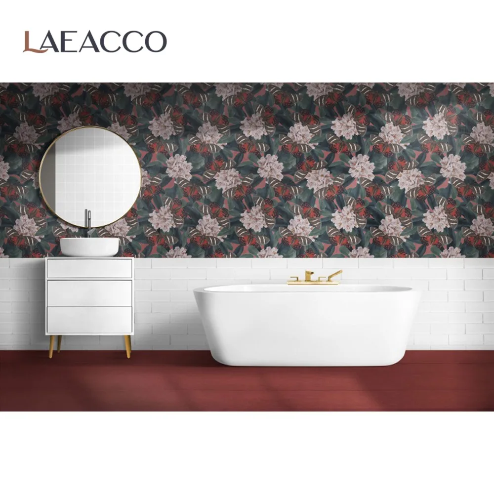 Laeacco White Flower Pattern Chic Wall Bathroom Mirror Bathtub Washbasin Photography Background Photo Backdrop For Photo Studio