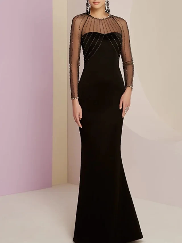 Robe De soirée noire De forme sirène, luxueuse tenue De soirée longue, manches à effet d'illusion De perles, bijoux