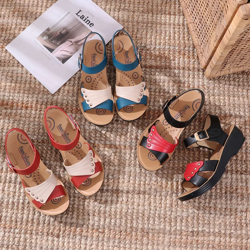 Summer Women Flat Sandals Genuine Leather Ankle Strap Female Casual Wedges Sandals Lady Sneakers Comfortable Walking Sandals