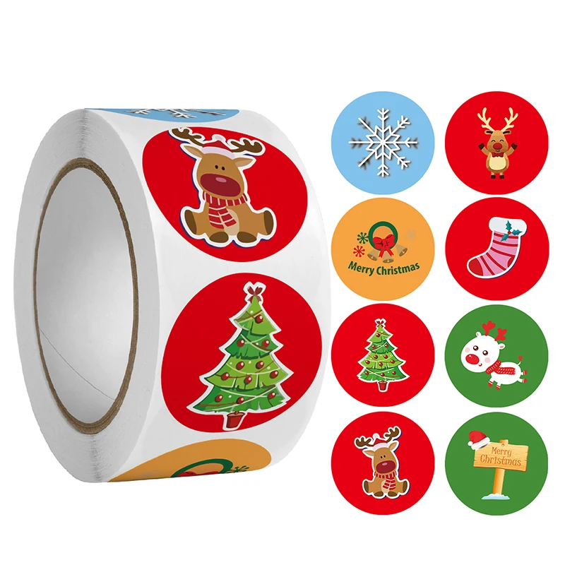 500pcs/roll Christmas Sticker Round Dia 25mm Snowman Tree Elk Printed Paper for DIY Handmade Jewelry Gift Packaging Display