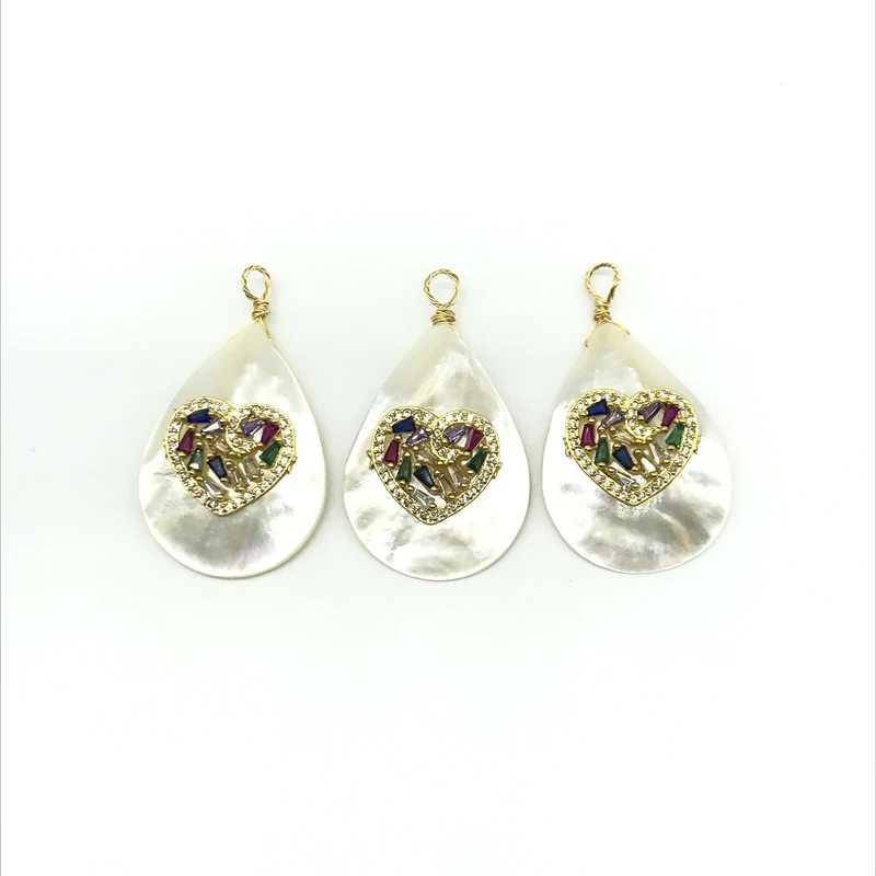 

5pcs/lot Waterdrop Shape Natural Pearl With Multicolor CZ Heart Charm Pendant Necklace Jewelry