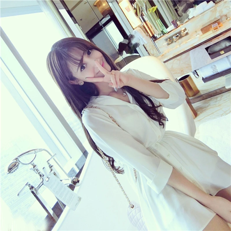 Women White V-neck Dress High Waist Chiffon Skirt Long Sleeve Mini Skirt