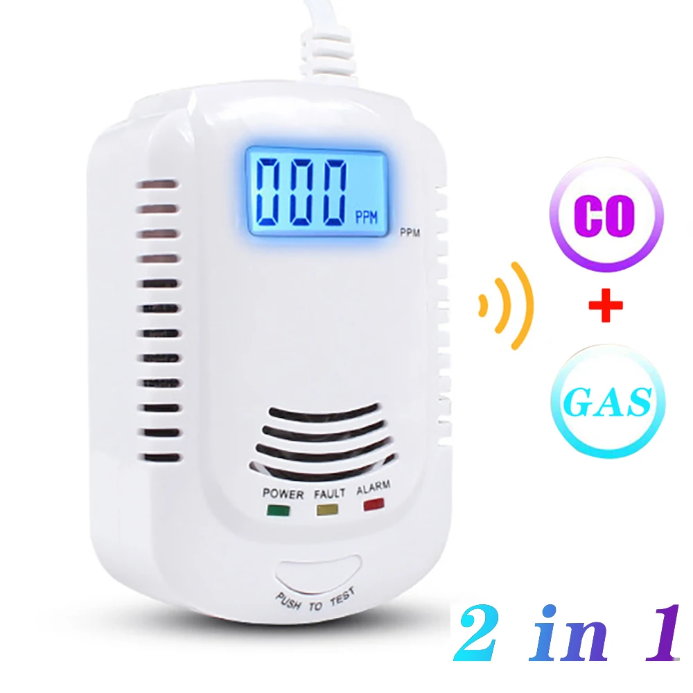 2 em 1 combustível detector de vazamento de gás natural sensor monóxido de carbono display lcd dois métodos de alimentação sistema alarme para casa