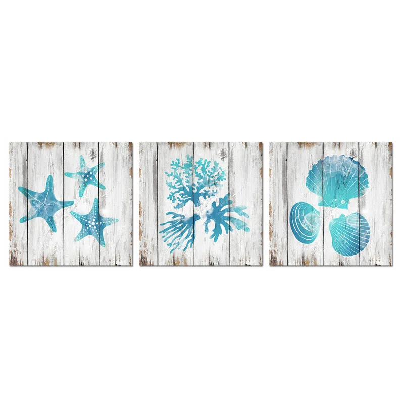 

Visual Art Decor Unframed Canvas Prints Teal Blue Bathroom Wall Decor Seashell Coral Starfish Decor Painting Ocean Sea Pictures