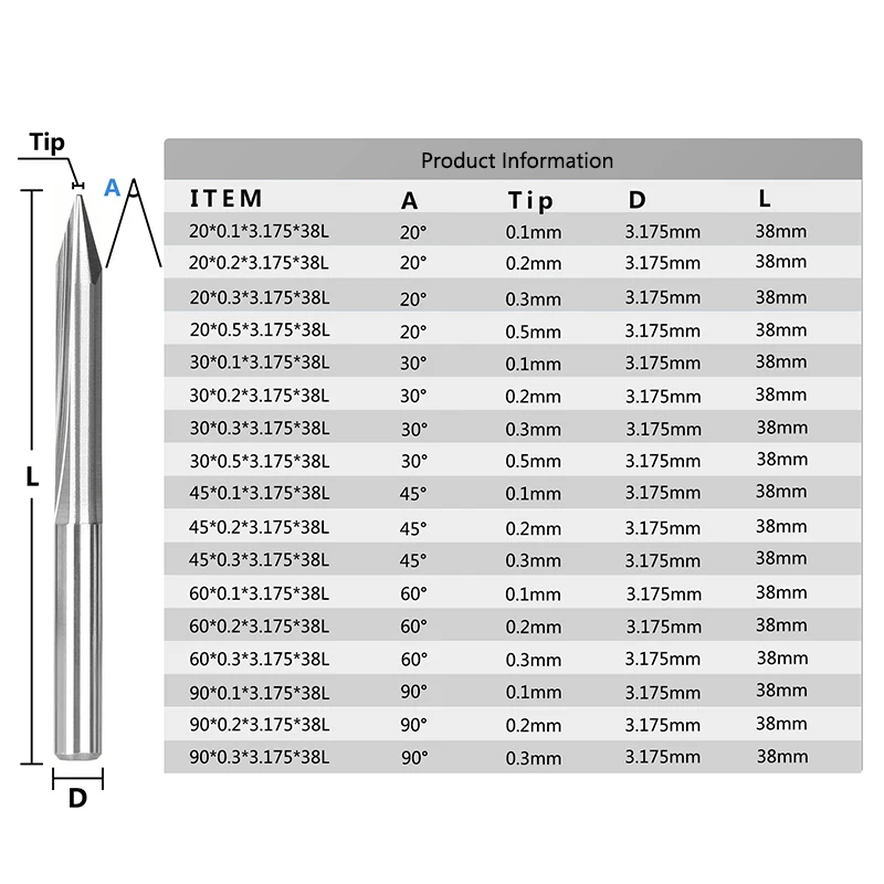 XCAN gravür alet uçları 10 adet 20/30/45/60/90 derece düz V Bit karbür ucu frezeleri 3.175 Shank CNC Router bit ağaç İşleme için