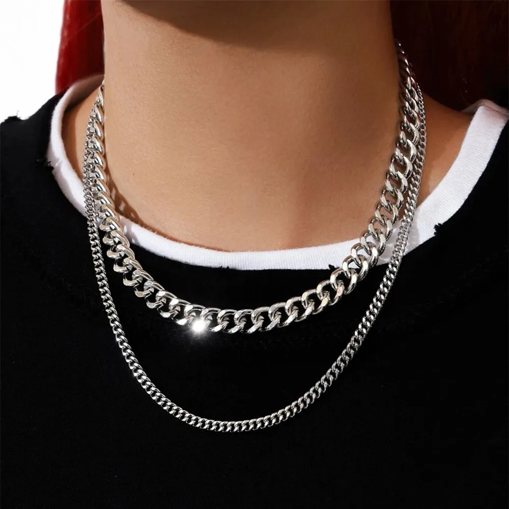 Fashion Boho Silver-plate Punk Thick Chain Simple Necklace For Women Man Vintage Multilevel Hip Hop Street Tide Collar Jewelry