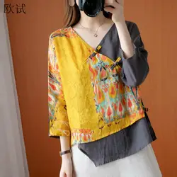 Oversized Linen T Shirt Women 2023 Summer Vintage Chinese Style Print Irregular Loose Oversize Femme Tops Shirts