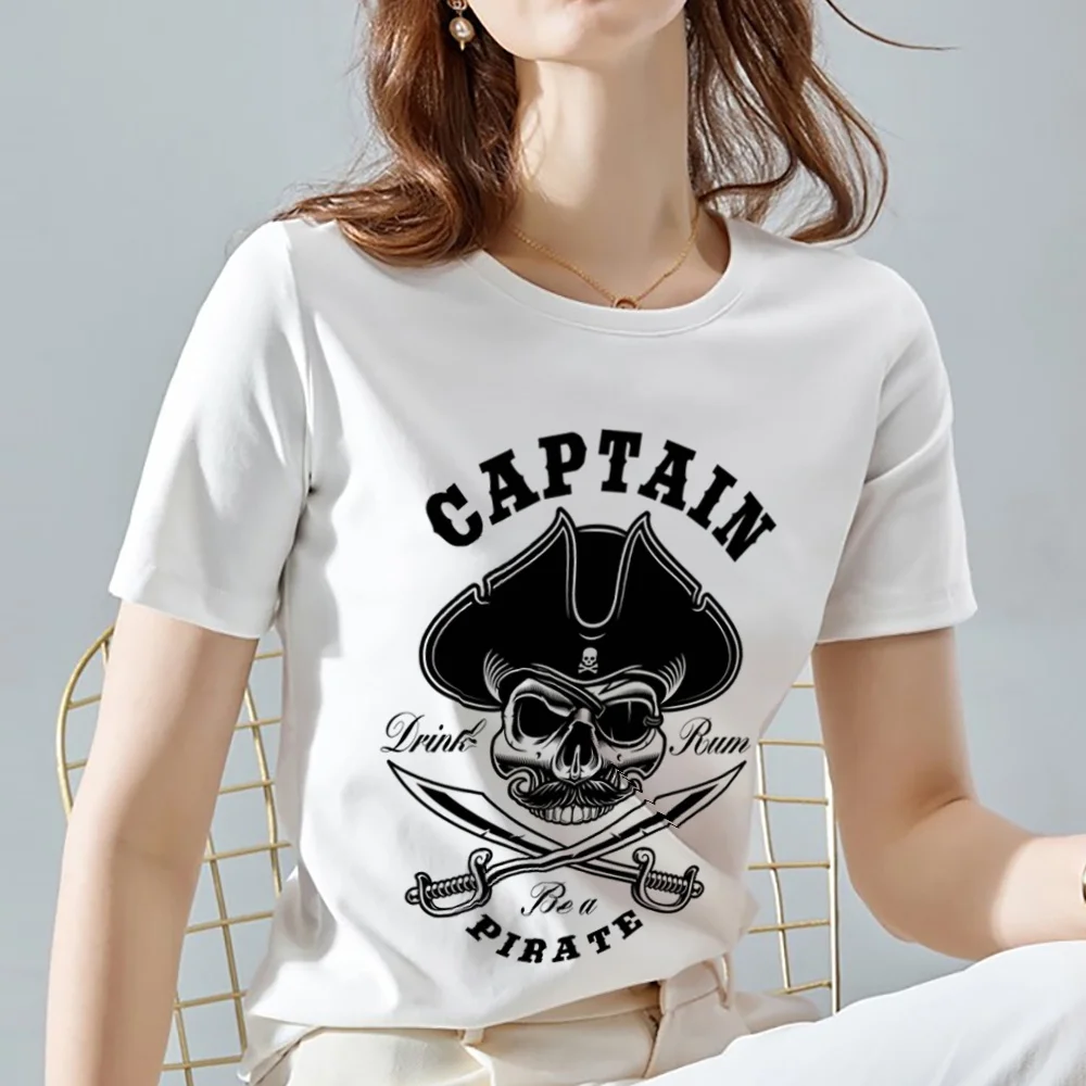 Women's T-shirt Street Trend White Top Punk Gothic Pirate Skull Short Sleeve Casual Breathable Round Neck Comfortable Ladies Top