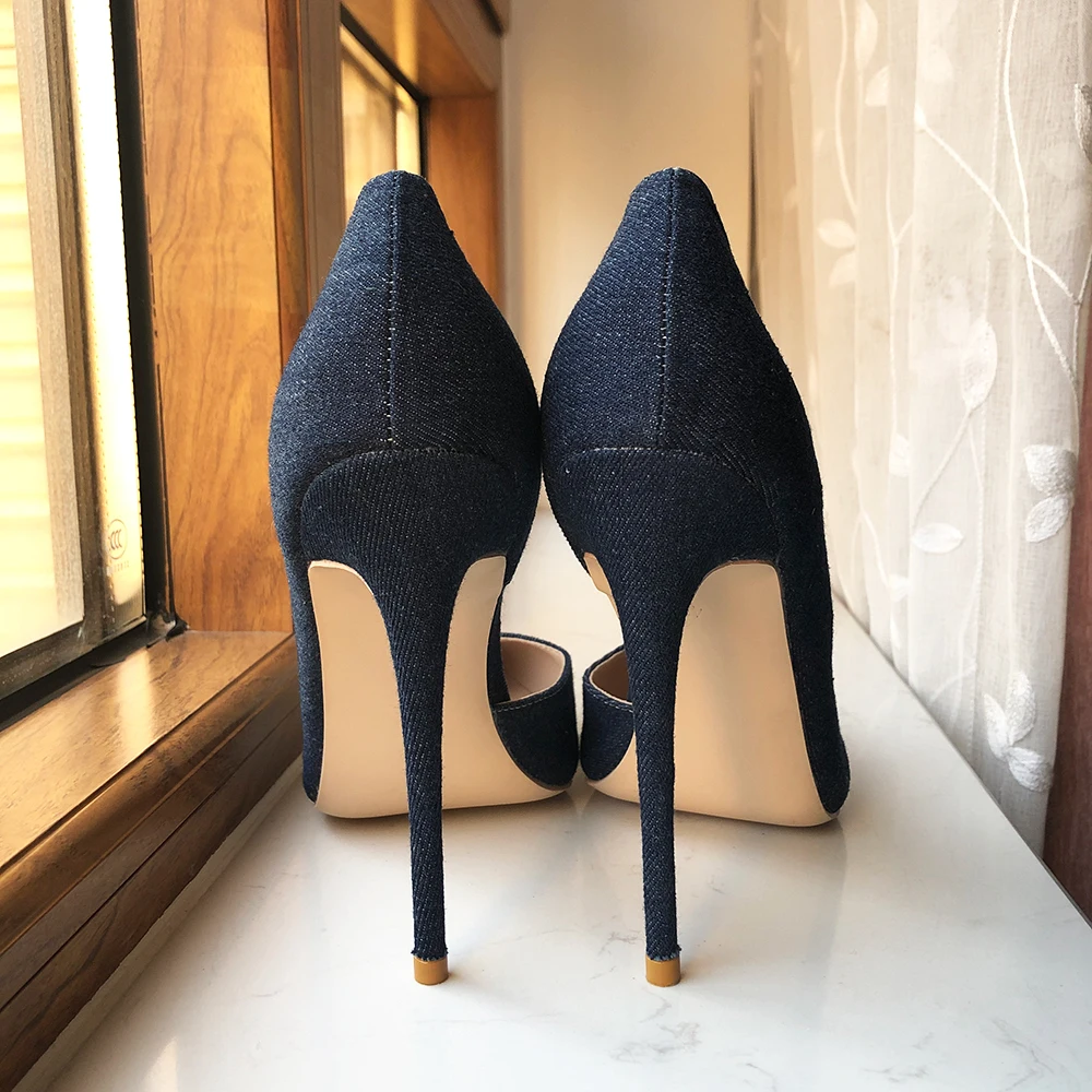 Tikicup Navy Blue Women Denim Fabric D\'Orsay High Heel Shoes 8cm 10cm 12cm Pointy Toe Elegant Stiletto Pumps Comfortable Soft