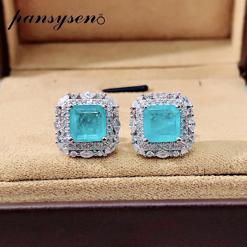 PANSYSEN 100% 925 Sterling Silver Paraiba Tourmaline Emerald Gemstone Ear Stud Earrings White Gold Color Fine Jewelry Wholesale