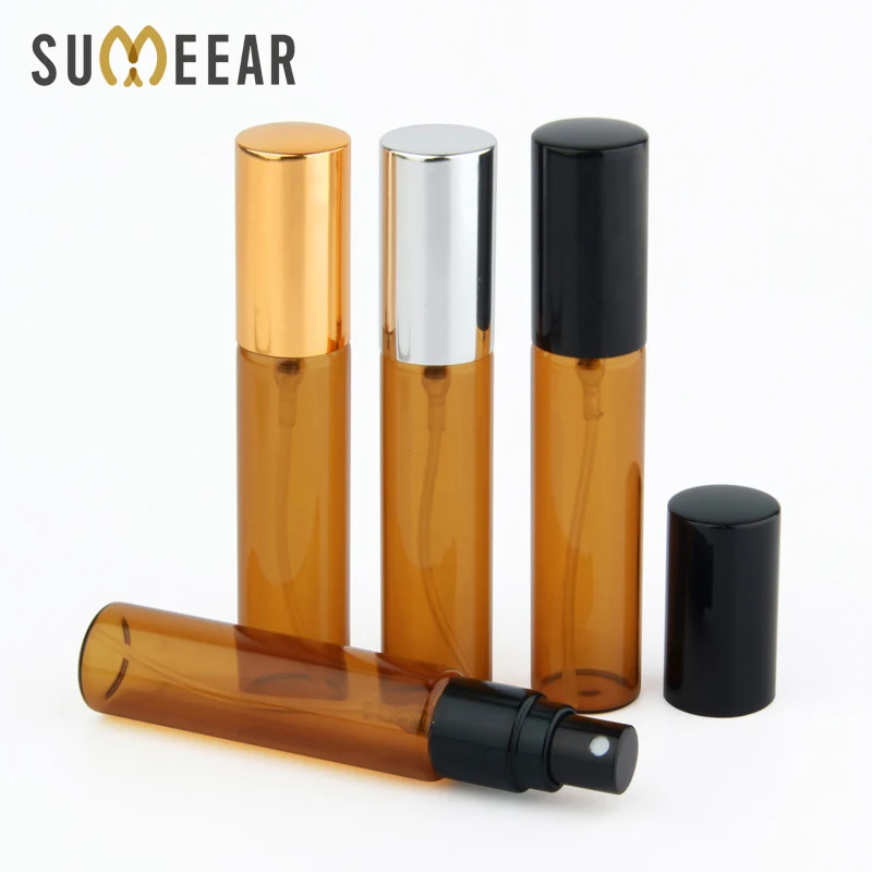 

100 pcs/lot 10ml Amber Glass Empty Atomizer Perfume Bottle With Aluminum Cap Refillable Perfume Bottle Vials Travel Bottle