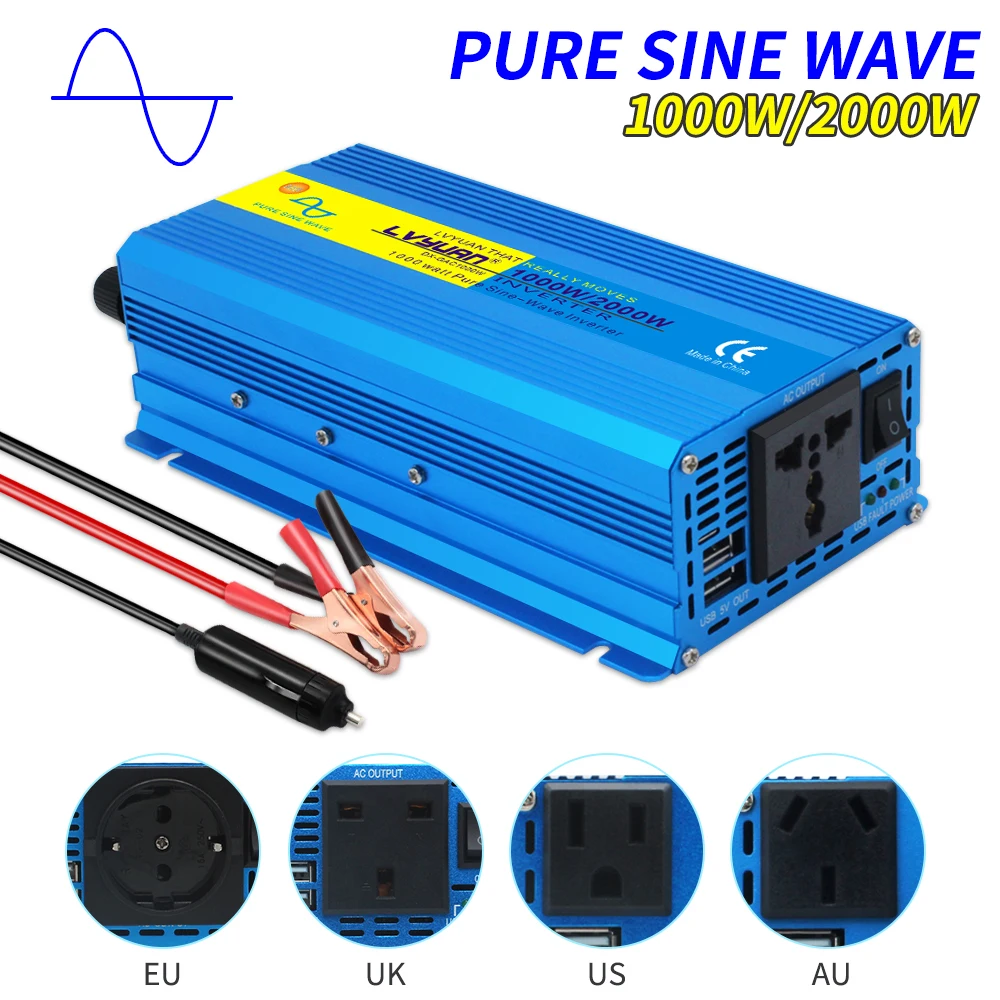 2000W 3000W 5000W Pure Sine Wave Inverter DC 12v To AC 220v Power Volt Converter Transformer Car Inversor LED Display Solar