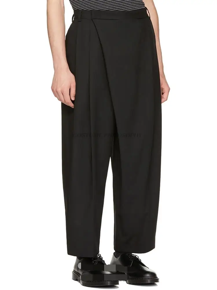 Spring And Summer New Men's Fashion Simple Loose Casual Pants All-Match Solid Color Waistline Asymmetrical Irregular Nine Pants