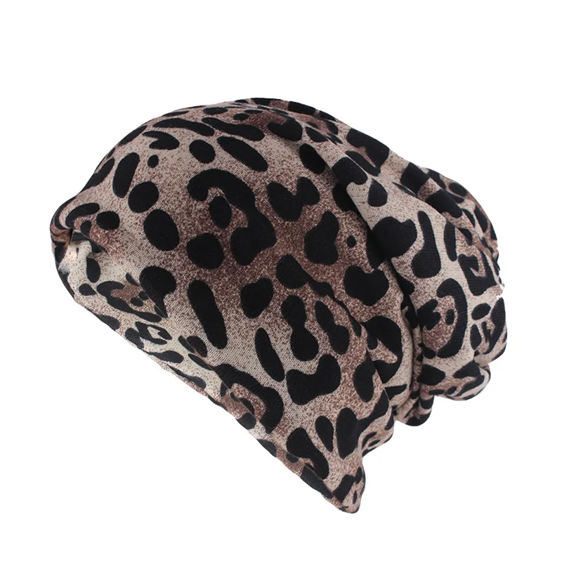 Hip Hop Women Fashion Leopard Print Warm Hat Caps For Girl Dot Spring Autumn Cotton Beanies Skullies Double Used Hats Scarf