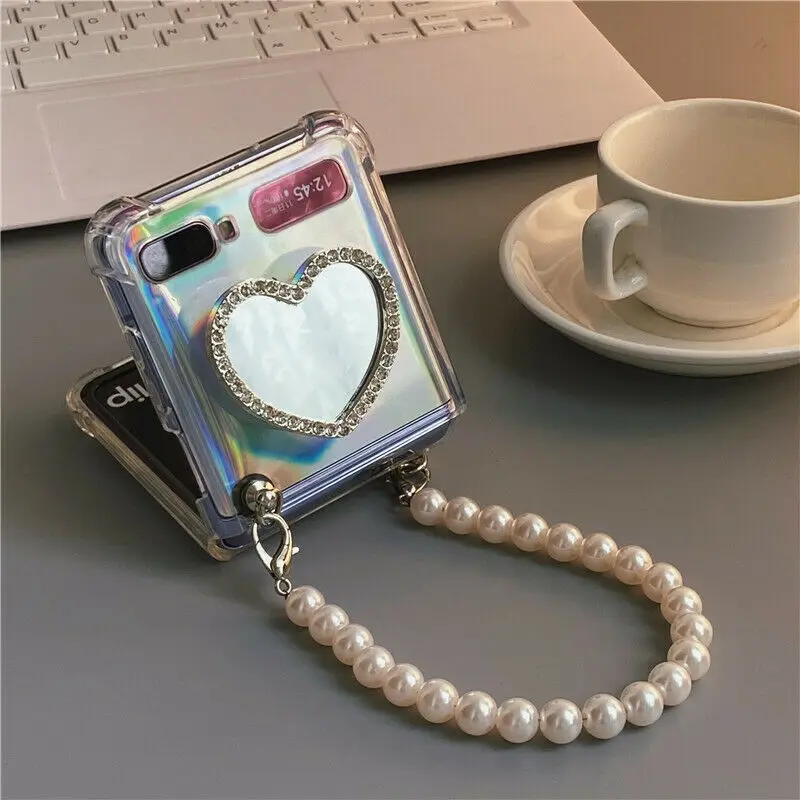 Creativity DIY Laser Paper jam Bling Diamond Mirror Holder Case w/ Pearl Bracelet For Samsung Galaxy Z Flip / Flip3 5G