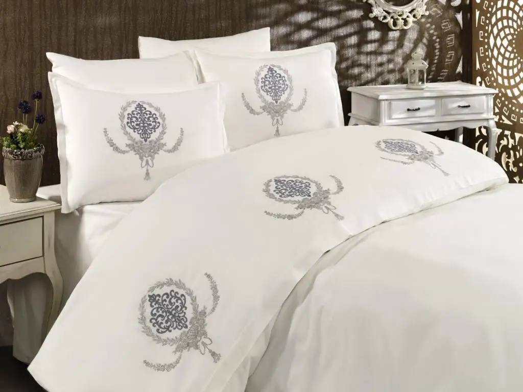 Land Of dowry Virgo Embroidered Duvet set Cream Gray