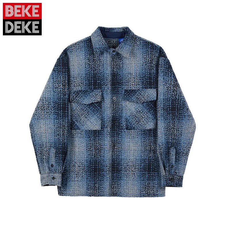 New Mens Long Sleeve Casual Shirt Male Korean Style Plaid Blouse Autumn Winter Loose Turn-Down Collar Single Breasted Outerwear