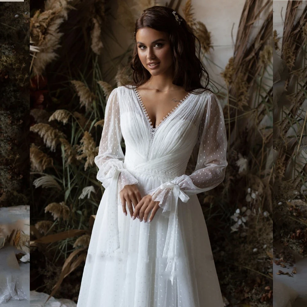 Vestidos de novia Boehmian de princesa bohemios, vestidos de novia de manga larga con cuello en V, de tul de lunares modernos, Boehmian blanco con espalda descubierta 2021