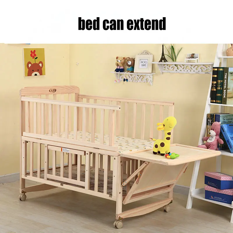 3 Grade Adjust Baby Bed With Wheels, No Paint Crib Have Bedding Set, Can Joint Adult Bed, Can Be Rocking Cradle