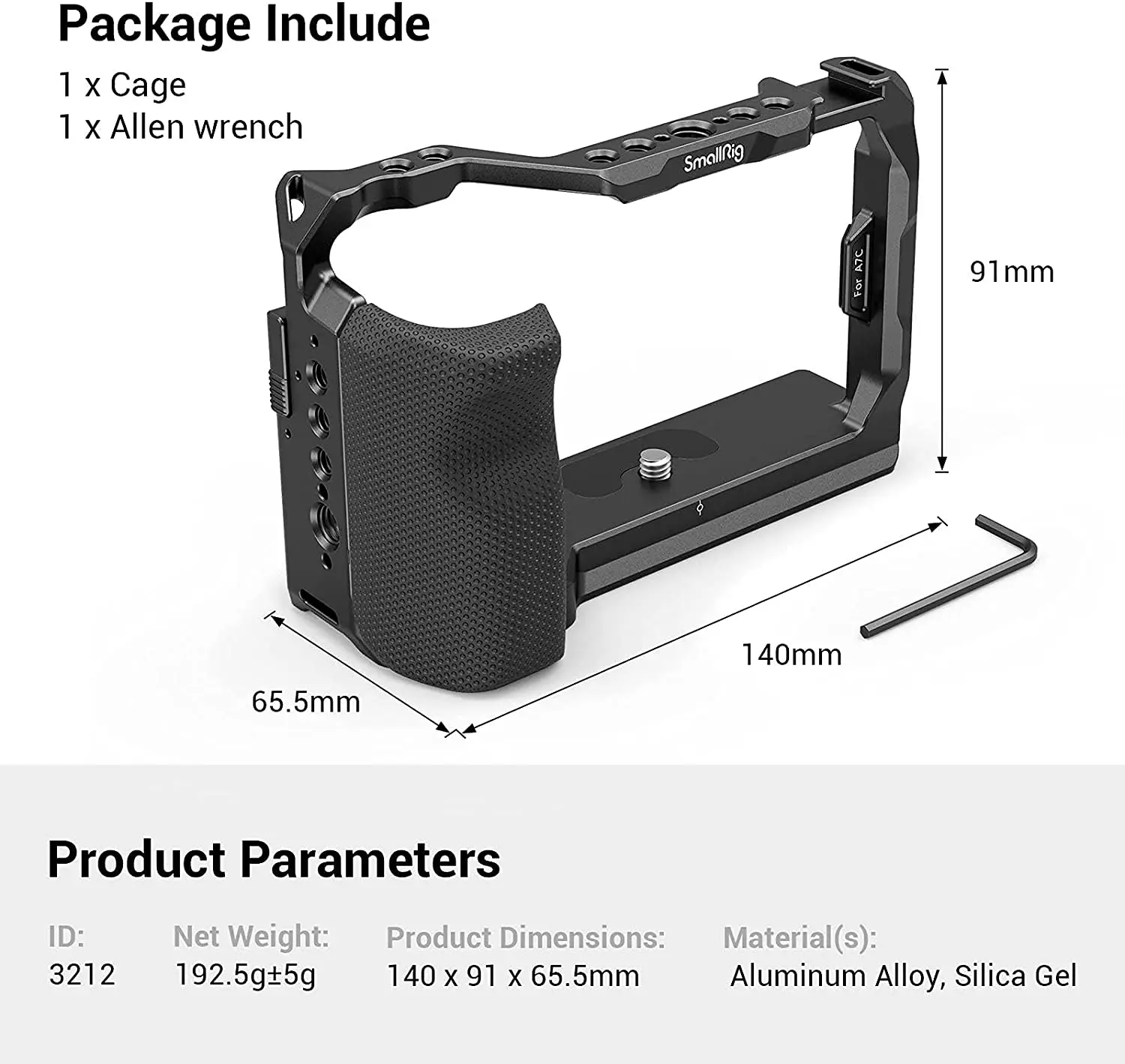 SmallRig Full Cage with Silicone Side Handle for Sony A7C with Locating Holes for ARRI Quick Release Plate Arca and Cold Shoe