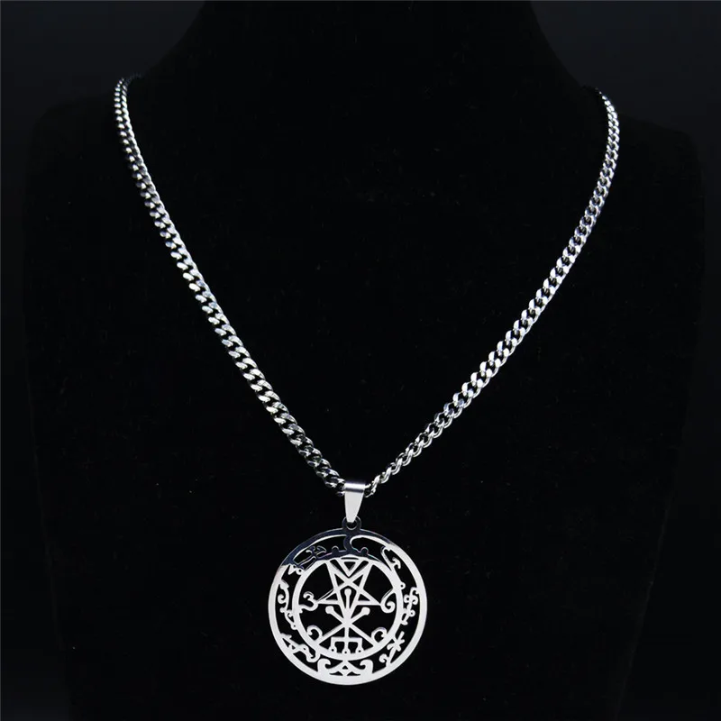 Sigil of Lucifer Church Satan Lilith Pentacle Necklace Demon Hollow Stainless Steel Pentagram Round Necklaces Jewelry Gift