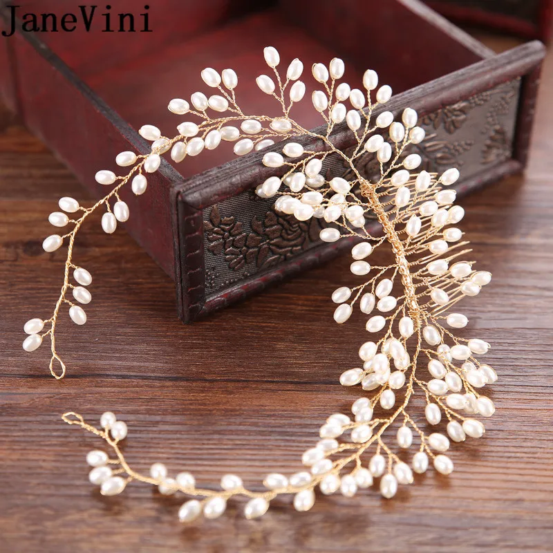 

JaneVini Bohemia Gold Pearls Bridal Hair Combs Wedding Hair Accessories Boho Vintage Bride Headbands Party Headpieces Headdress