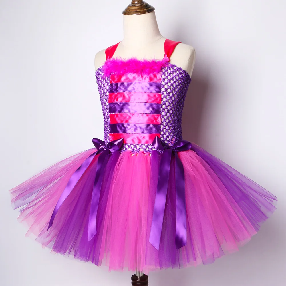 Alice In Wonderland Cheshire Cat Girls Tutu Dress Hot Pink Purple Cartoon Tulle Girls Party Dress Kids Halloween Cosplay Costume