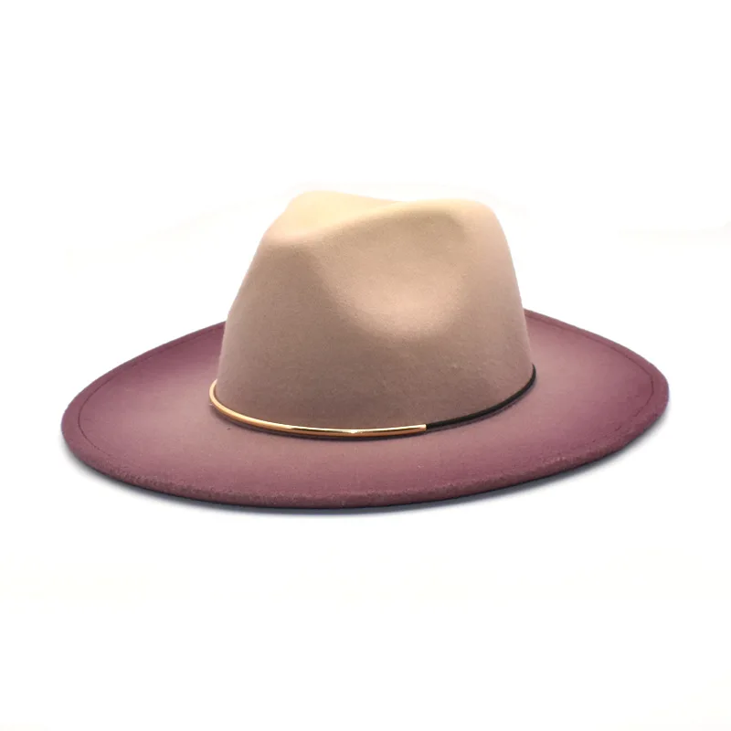 Gradient Large Brim Wool Vintage Felt Fedora Panama Hats Men Women Gentleman Elegant Gradient Rose for Lady Winter Autumn Caps