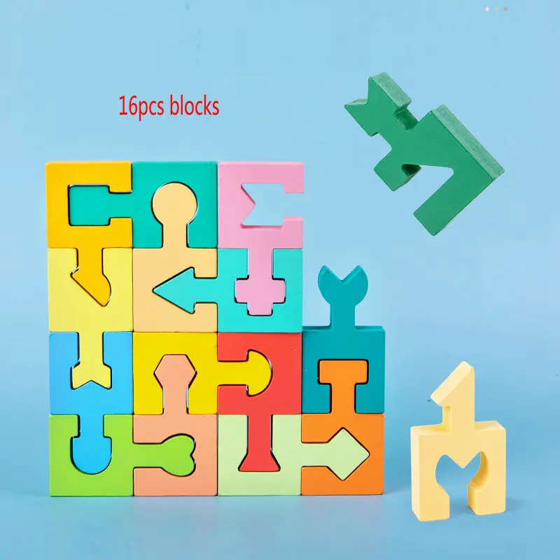 16pcs Geometric Shape Matching Interconnecting Blocks Children Education Logical Thinking Jigsaw Puzzle Montessori Baby Wood Toy