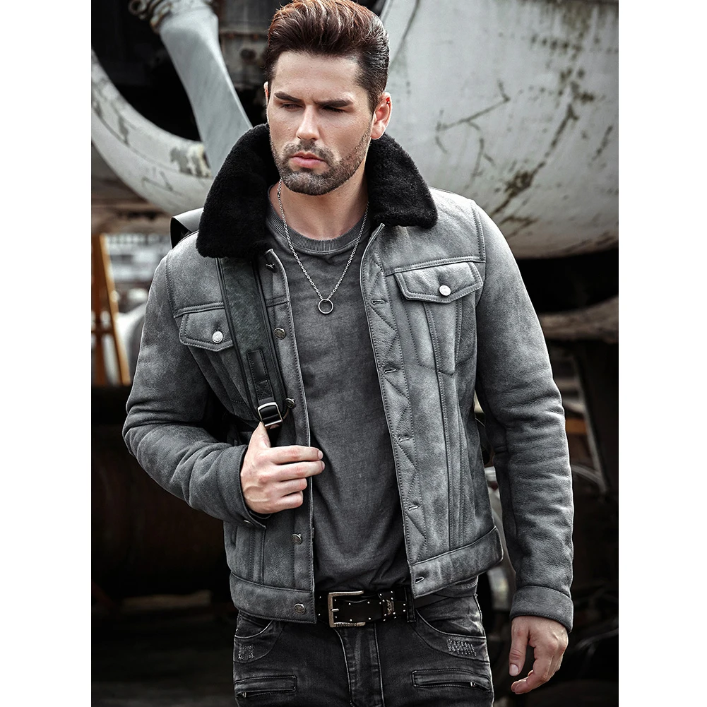 Denny&Dora Mens Sheepskin Shearling Jacket B3 Flight Jacket Aviator Winter Coat Fur Bomber Leather Jacket Gray Denim Jacket