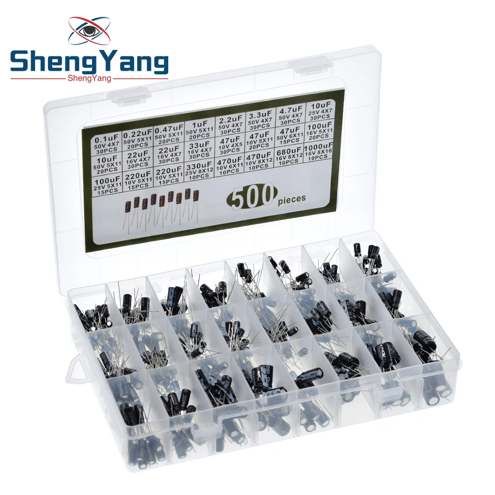 

500Pcs/lot 0.1UF-1000UF 24Values Aluminum Electrolytic Capacitors 16-50V mix Electrolytic capacitor Assorted kit and storage box