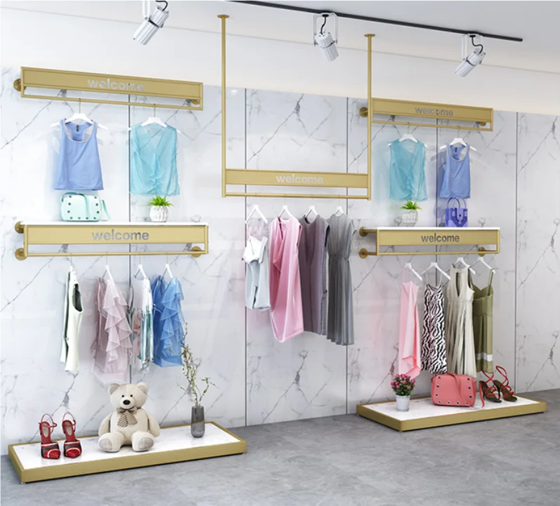 Gold clothing store display shelf hanging on the wall and side hanging combination men's and women's children's clothes hanging