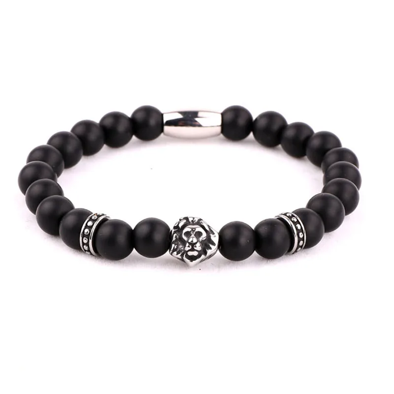 New Natural Stone Jewelry Stainless Steel Lion Head Beads Elastic Bracelet Men Gift