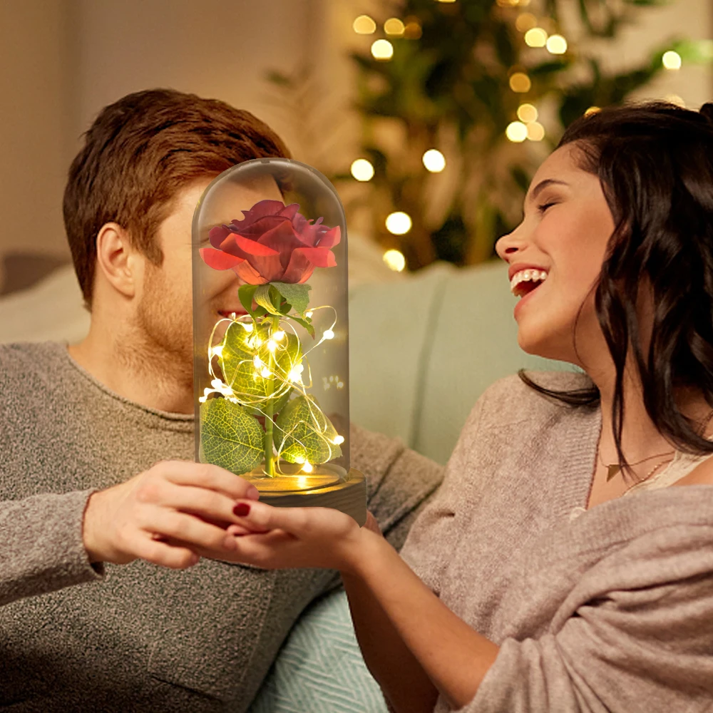 Valentine Beauty and The Beast Artificial Flowers Eternal Rose In Glass Dome with Led Light Romantic Mother\' Day Gifts for Women