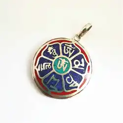 Tibetan Jewelry Pendants Mantra Amulets Copper Inlaid Stone Round Pendant OM MANI PADME HUM TBP430