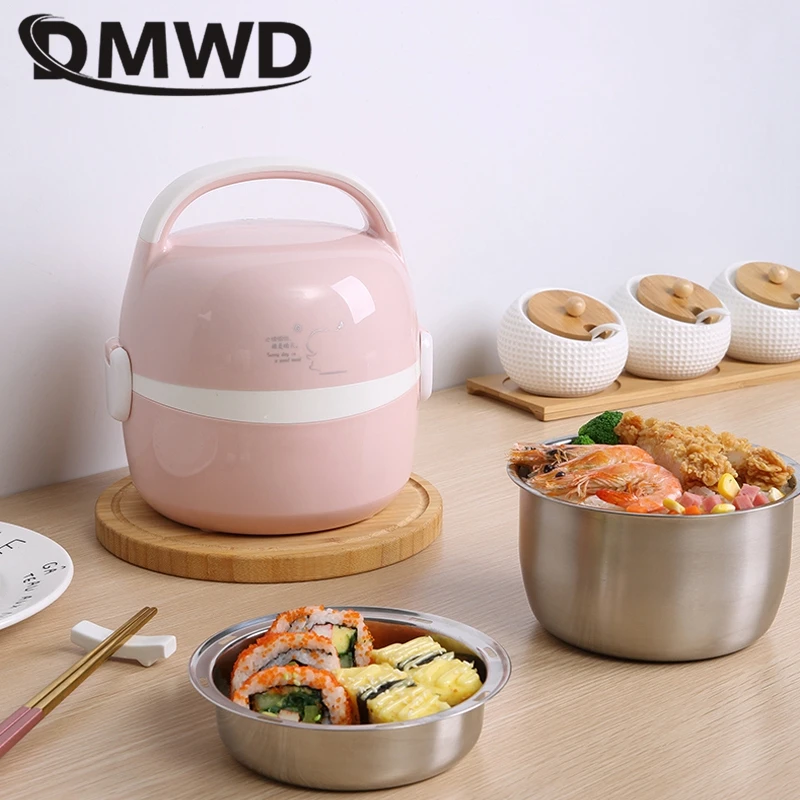 DMWD 1.3L Portable Rice Cooker Electric Lunch Box Food Heater Steamer Thermostat Warmer Container Office 2 Layer Stainless Steel