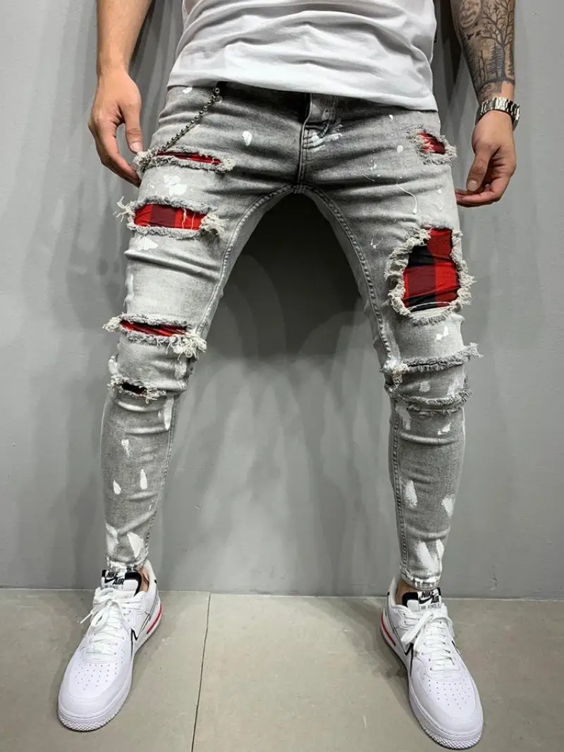 

2021 New Men's Slim-Fit Ripped Jeans Men's Painted Jeans Patch Beggar Pants Men's Hip Hop Pants Size S-4XL