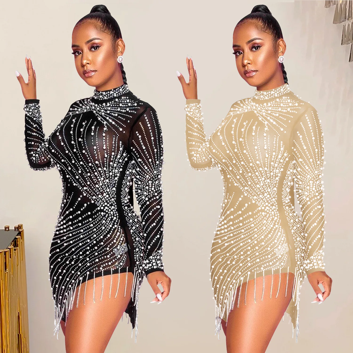 Sexy Women Dress Sequins Glitter Sparkle Deep Sequins Tassel Long Sleeves Short Mini Evening Party Wrap Hip Package Dress