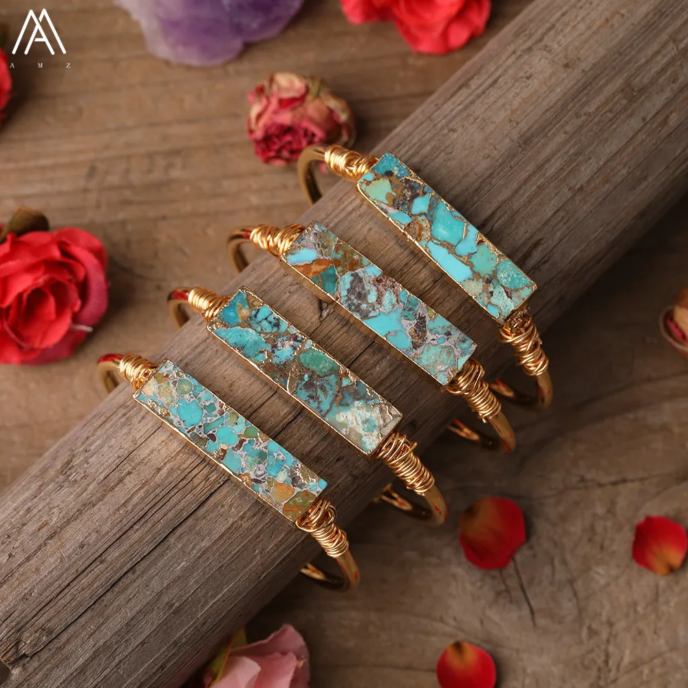 Natural Turquoises Stone Rectangle Slab Beads Open Cuff Bangle Bracelet Women Friendship Gold Bracelet Jewelry Gift BG017AMBD