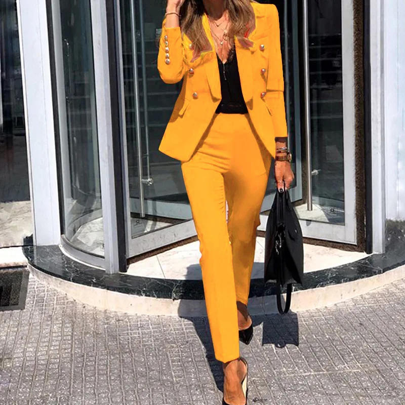 Women Jacket Blazer Suit Fashion Casual Ladies Solid Color Two Piece 2021 Autumn Winter Office Wear Elegant Suit Jacket Pants