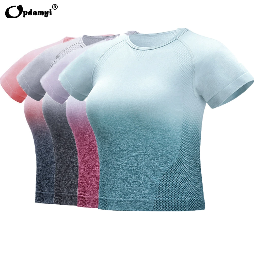 

Gradient Yoga Short Sleeve Women's Sportswear Breathable Seamless Gym Workout Running Clothing Girl Fitness Cropped Top Tshirts