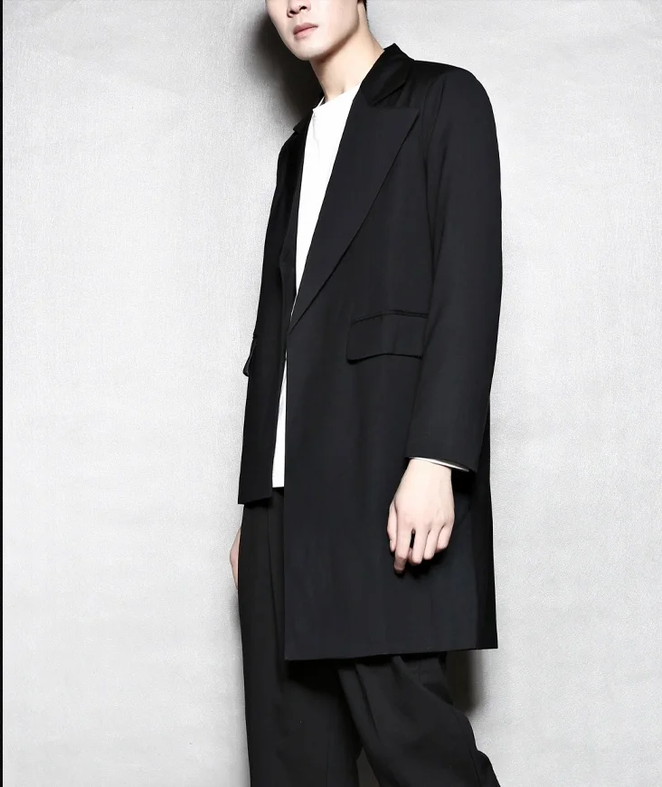 Black Suit Jacket Spring New Men's Fashion Asymmetric Tailoring Medium Length Small Suit Jacket Trend Spring New Black Slim