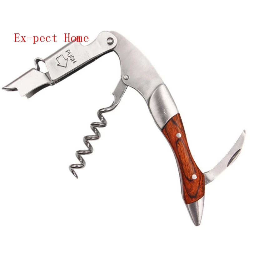 50pcs Hippocampal Red Wine Openers knife Beer Cap Can Bottle Opener Wood Handle +Stainless Steel Cork Screw MultiFunction