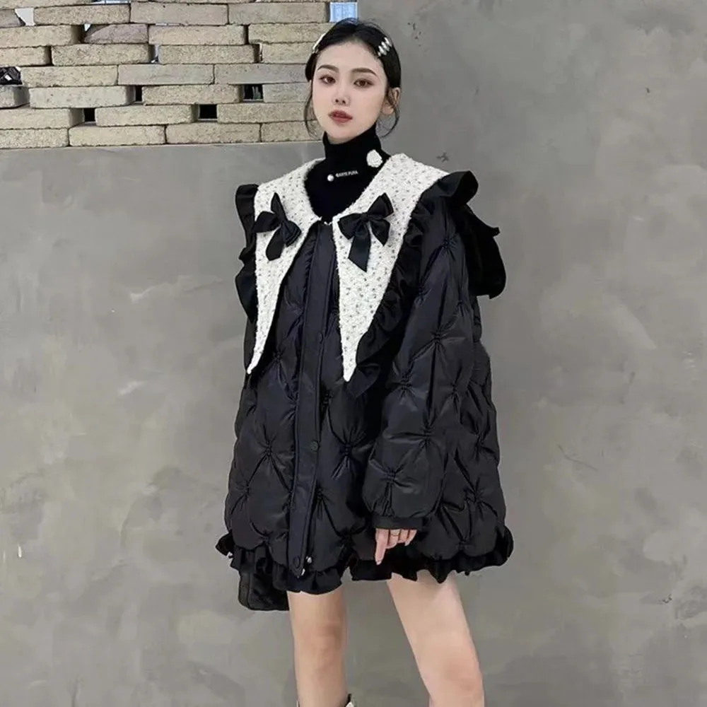 Sweet Bow-knot Chic Navy Collar Ruffled Cotton Jackets Winter Argyle Cotton Warm Coats 2021 Korean Thicken Casual Lady Outwear