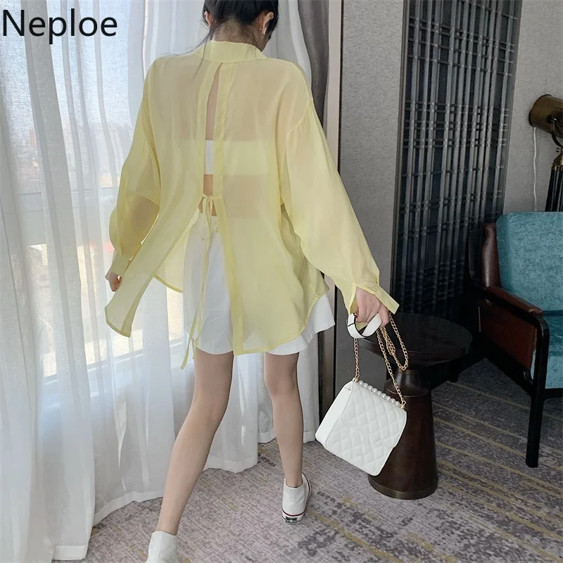 Neploe Korean Sunscreen Shirt Women 2023 Summer Clothes Fashion Bandage Blouses Elegant Loose Long Sleeve See Through White Tops