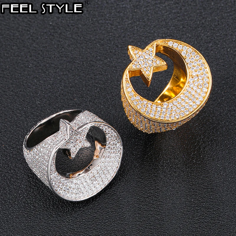 Hip Hop Popular CZ Stones Stars and Moon Rings Tready Bling Iced Out Copper Zircon Ring For Men Women Jewelry