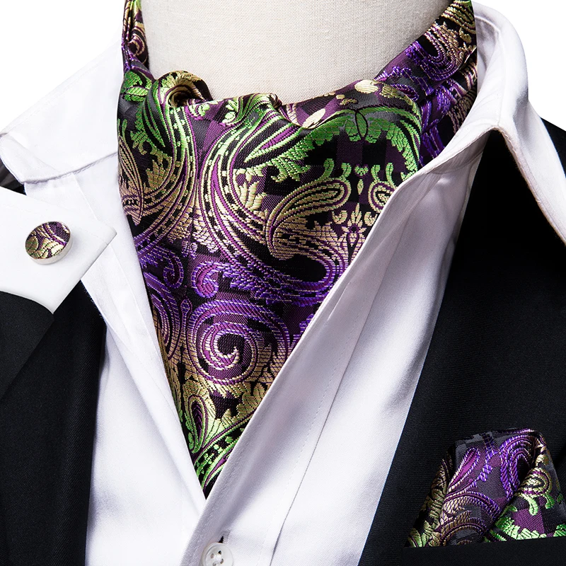 Hi-Tie Luxury Paisley Cravat for Men Purple Green Pocket Square Cufflinks Ascot Scarf Tie New Men\'s Casual Ascot Cravat Tie Set